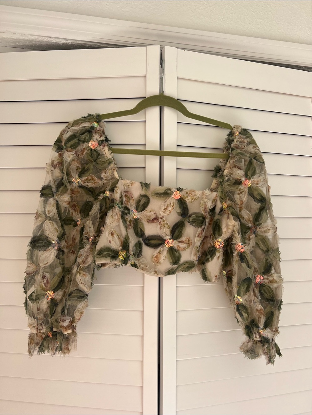 Storia Sheer Floral Appliqué Puff Sleeve Crop Top - Cream & Green